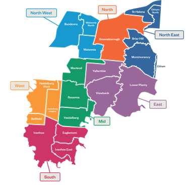 A colourful map of Banyule. It shows all 21 suburbs and their boundaries. The map also shows 7 precincts, each named after a direction. Each precinct has a unique colour and includes: East (purple): Lower Plenty, Viewbank, Yallambie Mid (green): Heidelberg, Macleod, Rosanna North (orange): Greensborough North East (blue): Briar Hill, Eltham, Eltham North, Montmorency, St Helena North West (light blue): Bundoora, Watsonia, Watsonia North South (red): Eaglemont, Ivanhoe, Ivanhoe East West (yellow): Heidelberg Heights, Heidelberg West, Bellfield The 5 suburbs of Bundoora, Eltham, Eltham North, Greensborough, and Macleod are also part of nearby council areas. The suburbs listed for each area are only those parts that are in Banyule.