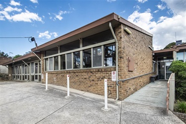 View of the building main entry from the carpark