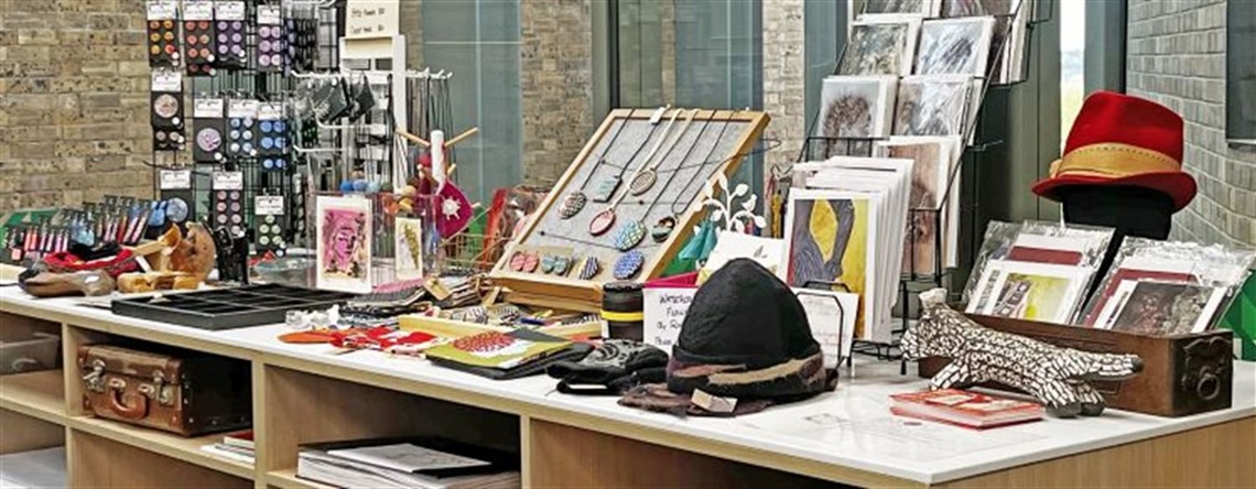Textile art on a display counter