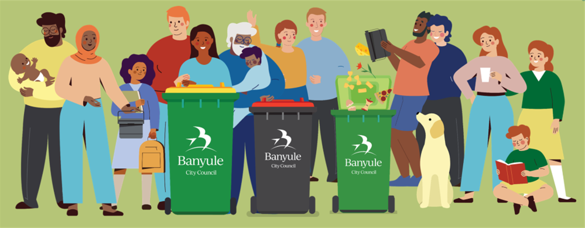 Stylised design of residents and waste bins