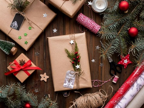 Holiday wrapping paper and bows