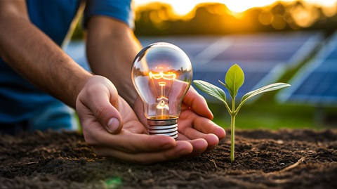 Hands with a light globe and a seedling