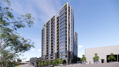 Computer generated render of proposed apartment building as view from Para Road looking south-west towards the site at 102-126 Main Street Greensborough
