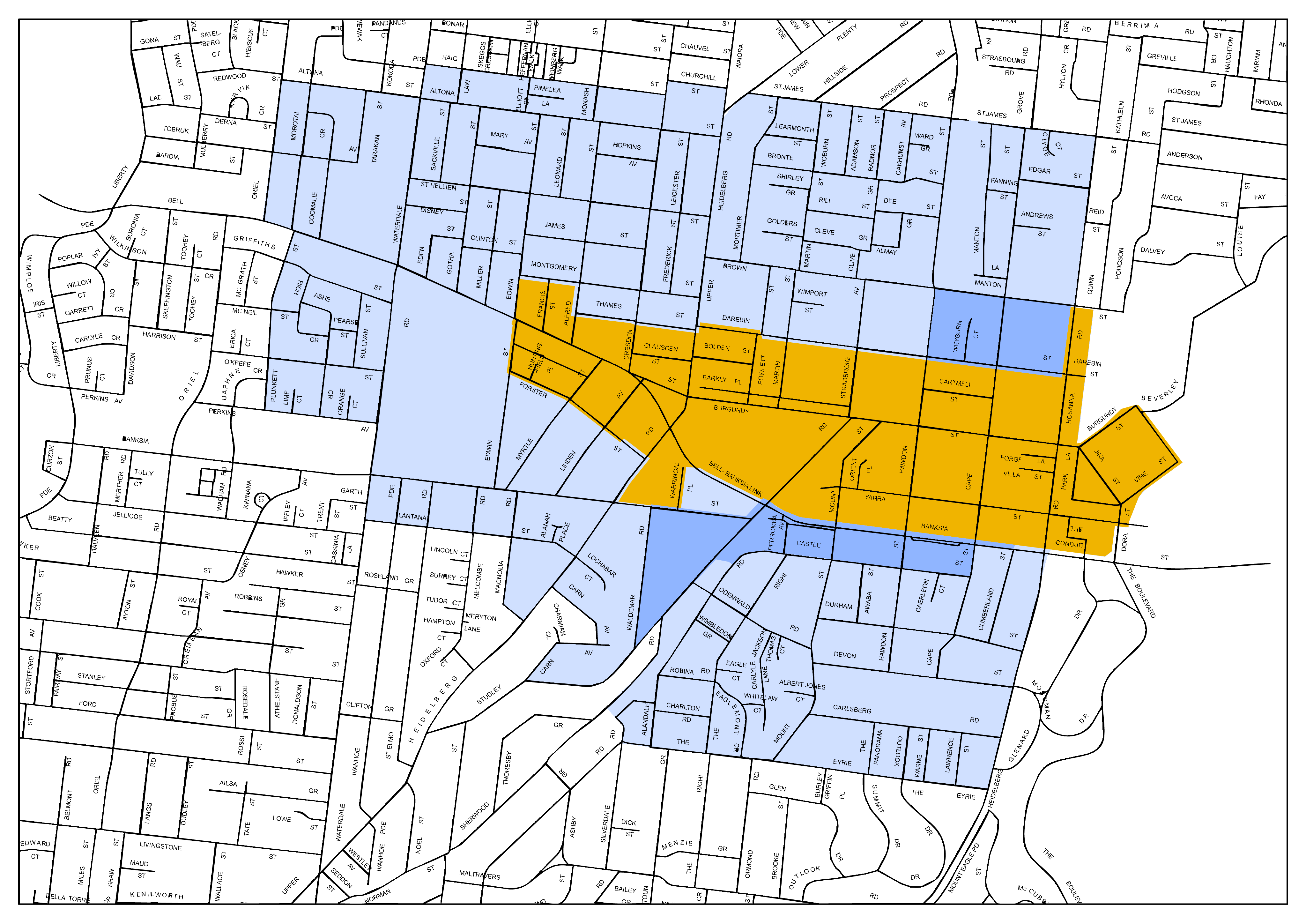 Victorian Government map proposal, representing the core area, inner catchment area, and outer catchments area for the Heidelberg Major Activity Centre, first published September 2025