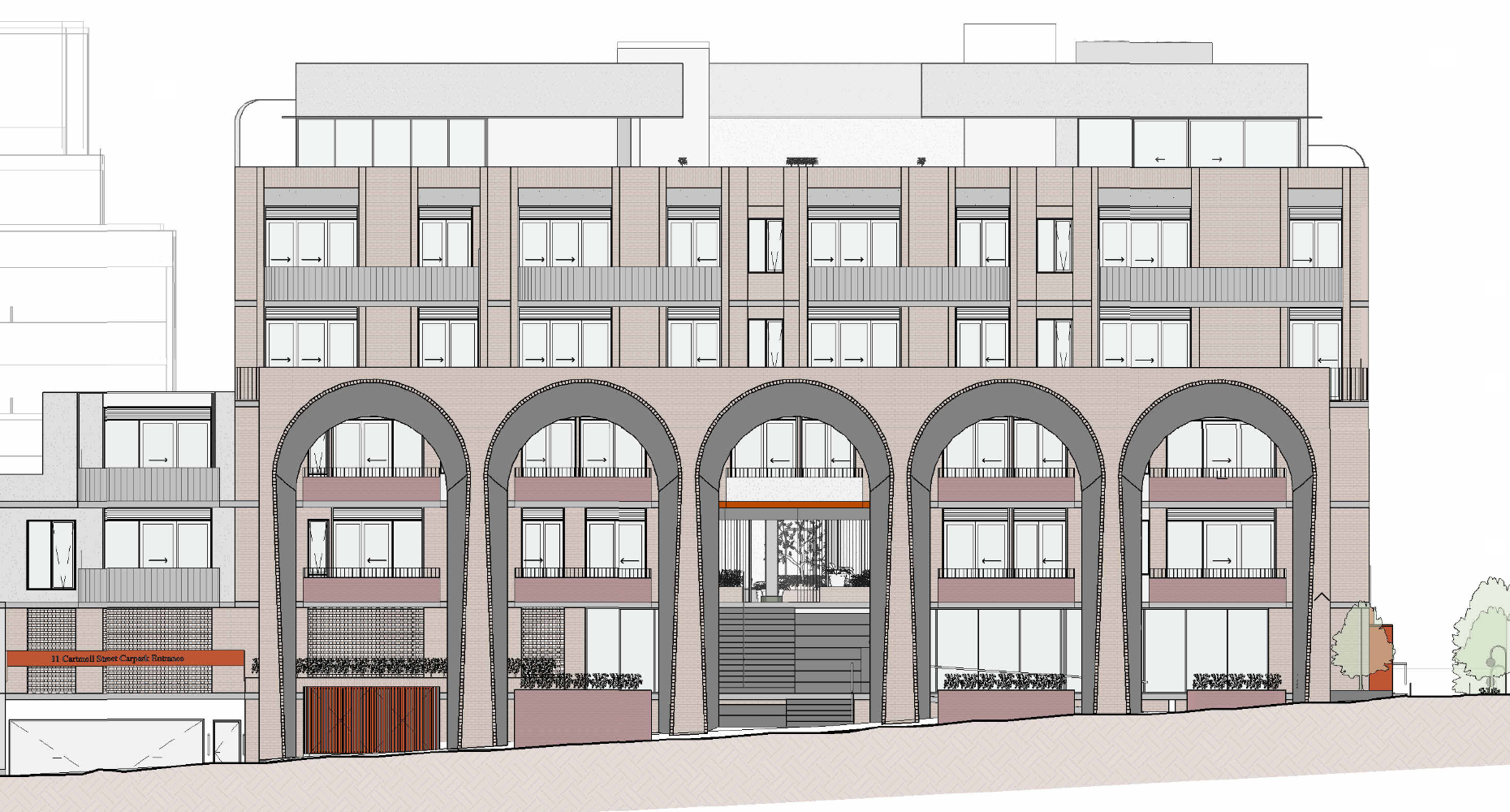 Northern elevation view of the proposed development along Cartmell St, representing 5 over extended arches as the features of the podium for the complex and an entry to the car parking for the development including public car parking from the easterly side of the building
